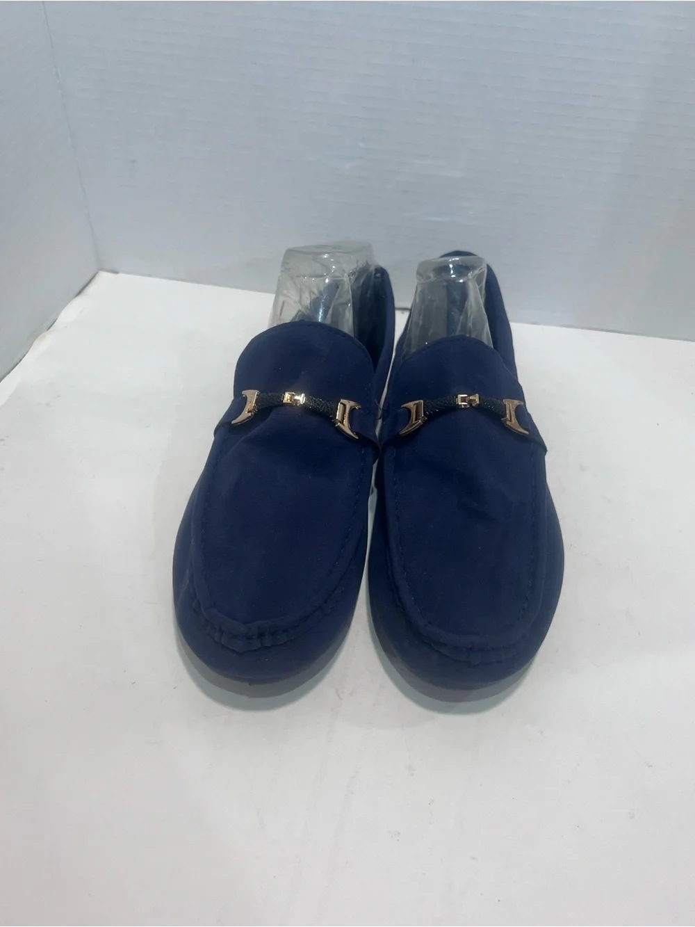 Unlisted Navy Suede Slip-On Loafers with Gold Bit